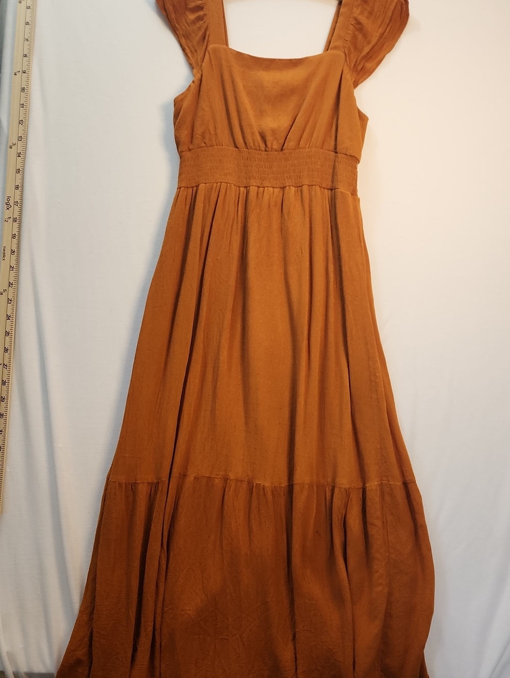 Poppies and Roses Rust Orange Smocked Ruffle Sleeve Maxi Dress